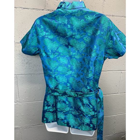 Vintage 60s Turquoise Brocade Silk Cheongsam Blouse Mandarin Collar - Picture 3 of 10